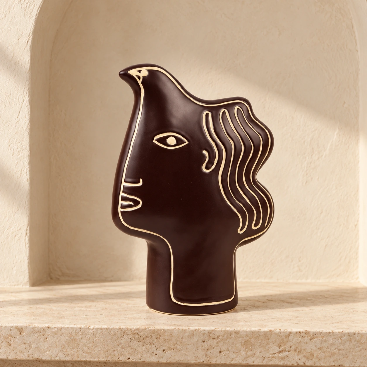 A131 dark brown bird-face ornament with cream-gold outlines