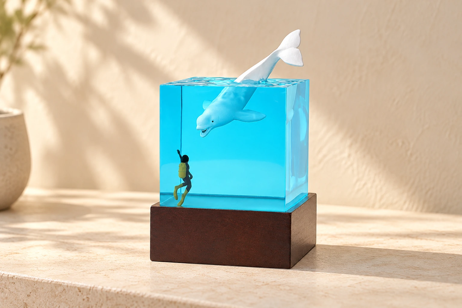 White-whale resin cube with diver and dark rectangular lamp base